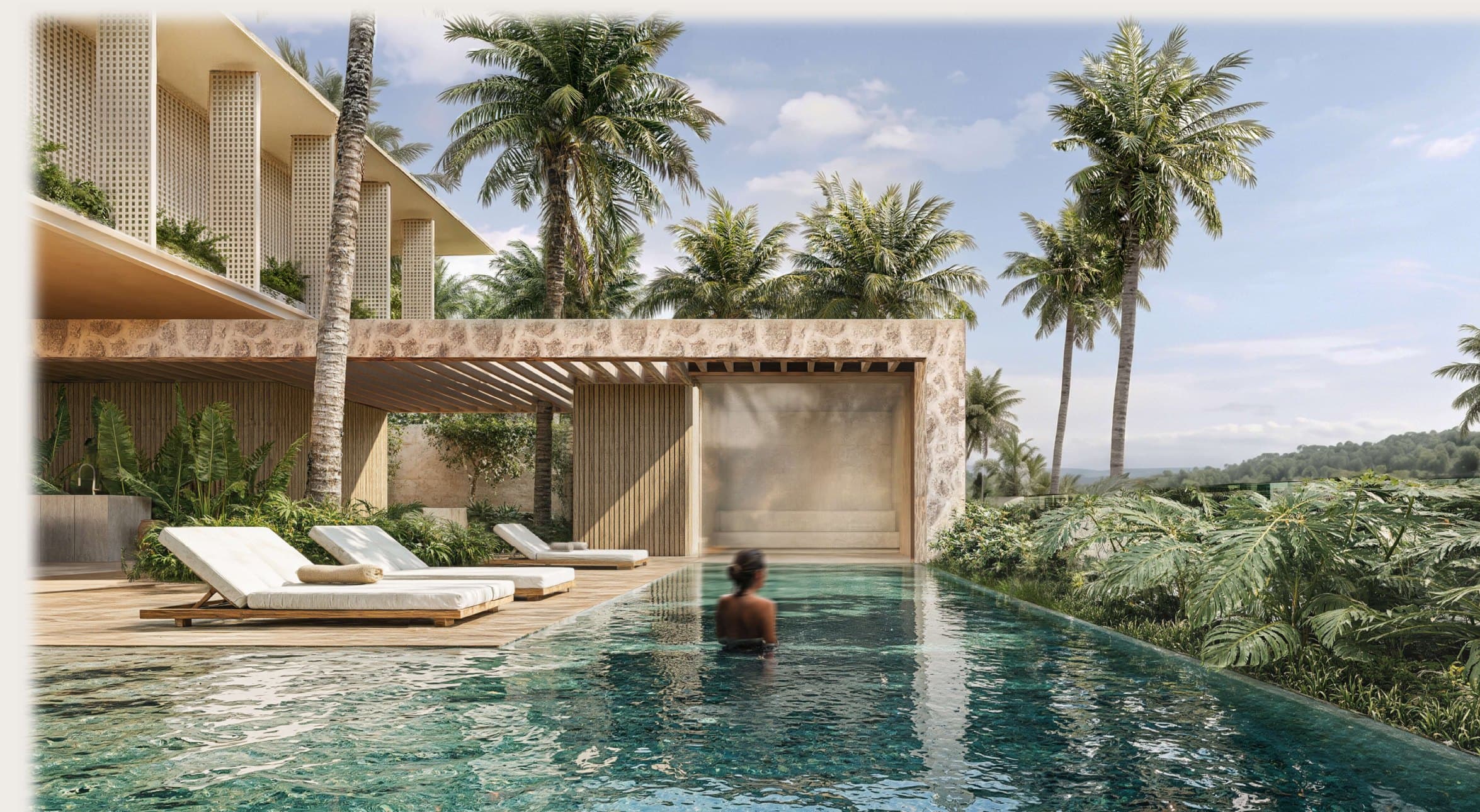 Piscina com borda infinita voltada para a vegetação